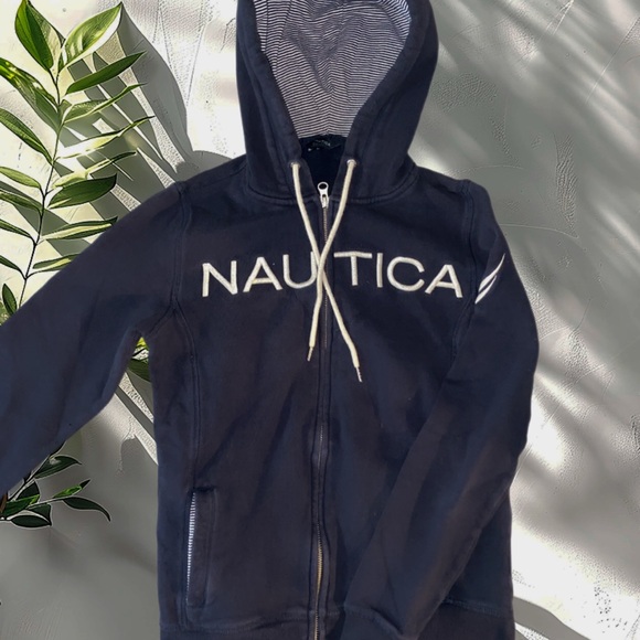 Nautica Dark Blue Hoodie with Striped Lining - Picture 1 of 3